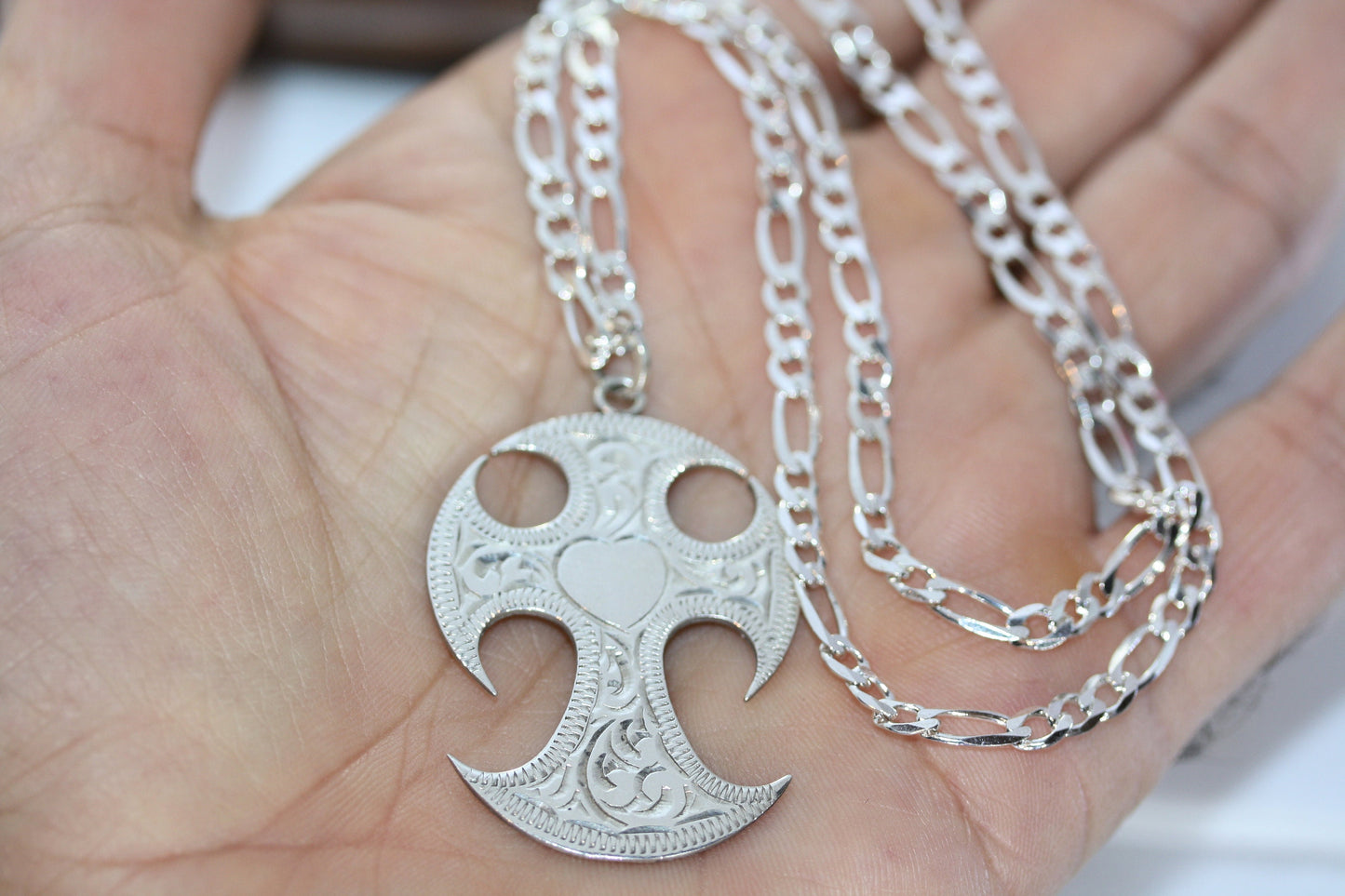 Real New Sterling Silver Large Celtic Biker's Cross 2" Pendant Men's Women's Necklace 20" Figaro Chain 4MM