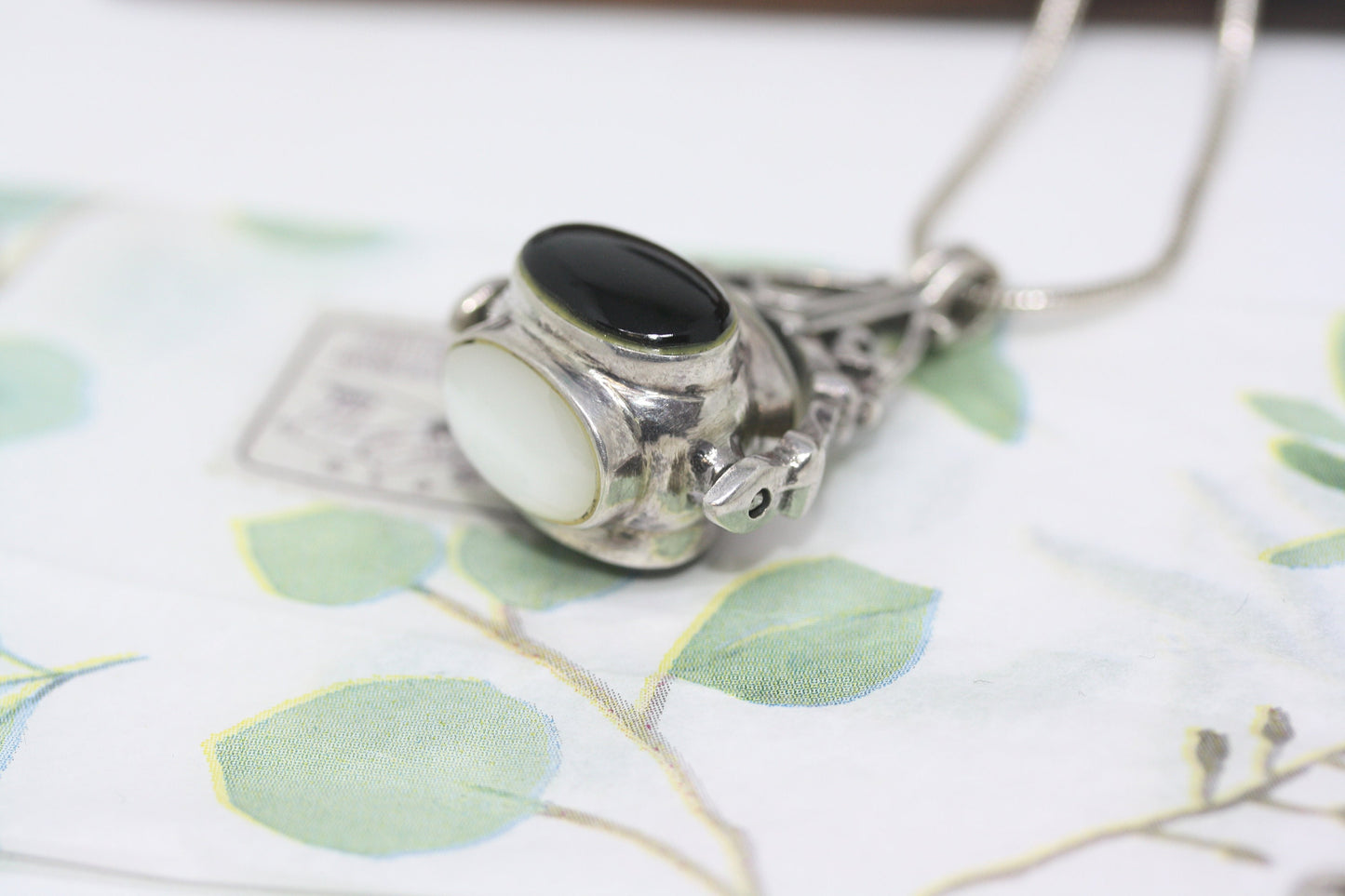 Vintage Victorian Style 4 Gemstone Moonstone Onyx Spinner Pendant 925 Silver Women's Necklace 20" Quadruple Spinning Charm Snake Chain