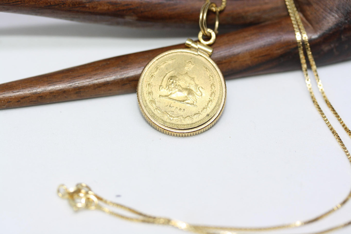 Vintage Perse Gilt Sterling Silver Persepolis Persis Lion Sun Coat of Arm Shah 10Dinars Coin Bezel 18" Link chain Women's Necklace