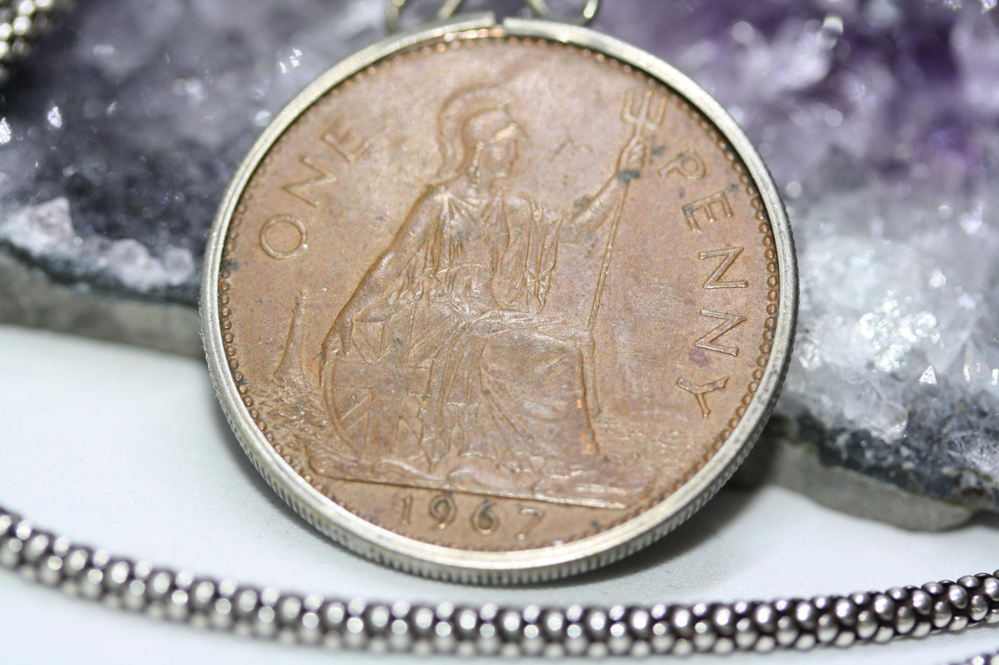 1967 Elizabeth II 1967 One Penny Coin Pendant 925 Silver 22" Necklace 3 MM Cable