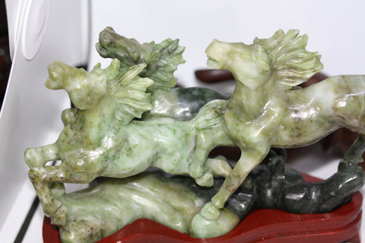 Antique Hand Chiseled Jade 3 Galloping Horses Display Decor Sculpture Statue 8"