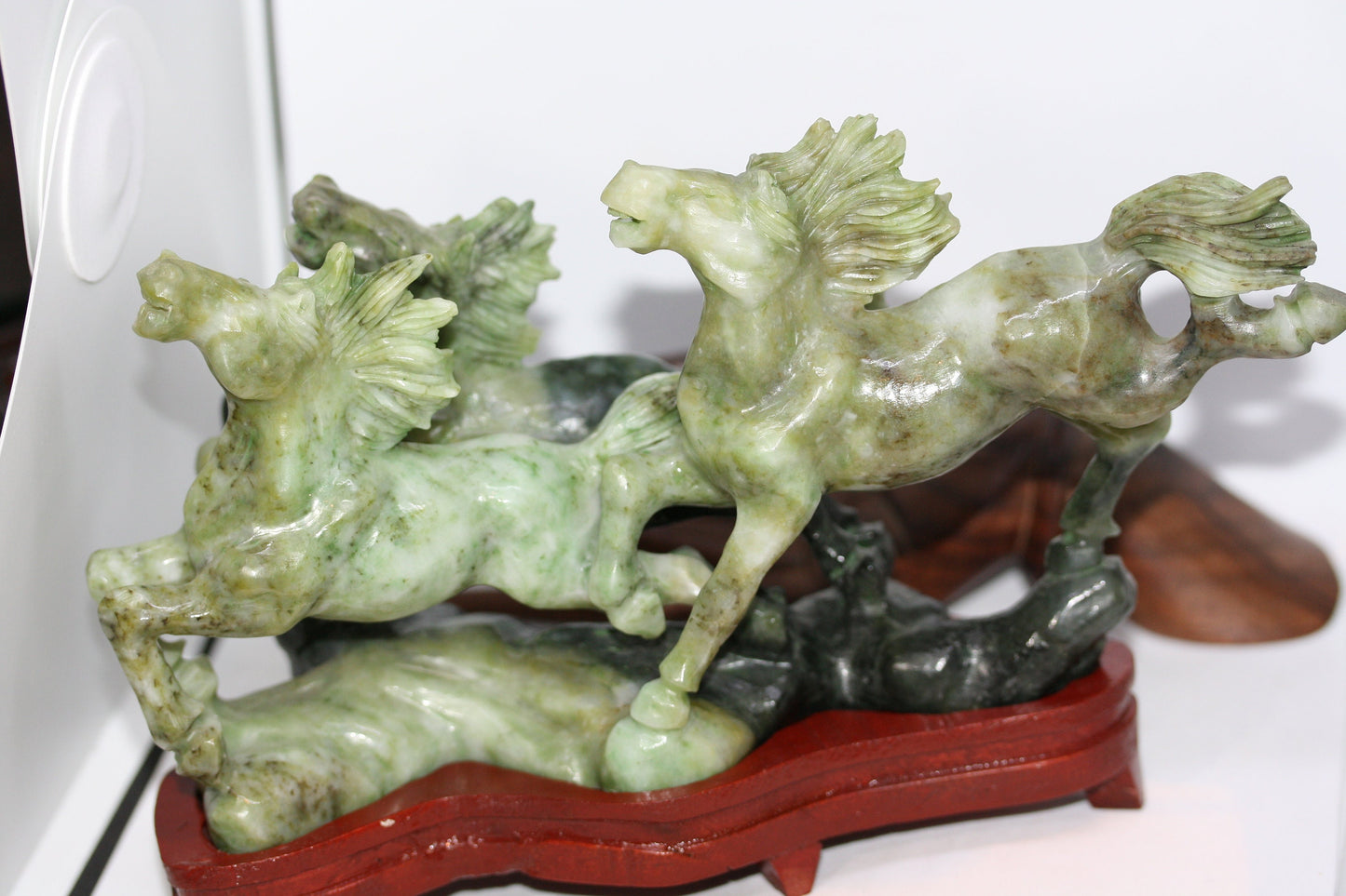 Antique Hand Chiseled Jade 3 Galloping Horses Display Decor Sculpture Statue 8"