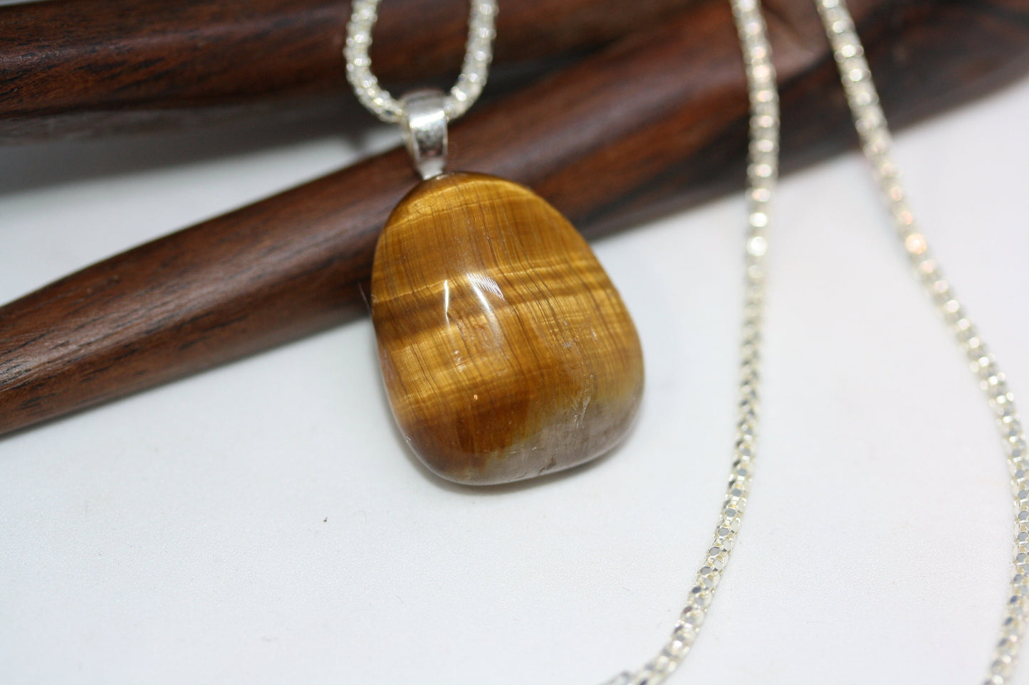 Fab Modernist Statement Honey Brown Tiger's Eye Pendant Sterling Silver Women's Ladies Necklace 16" Chain 2 MM