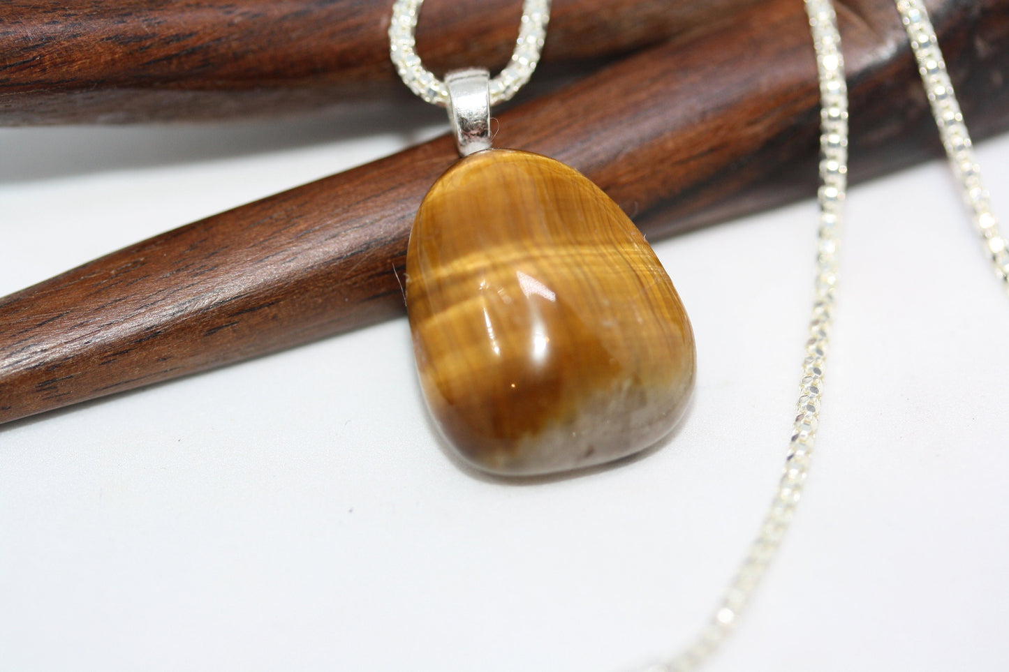 Fab Modernist Statement Honey Brown Tiger's Eye Pendant Sterling Silver Women's Ladies Necklace 16" Chain 2 MM