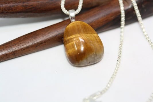 Fab Modernist Statement Honey Brown Tiger's Eye Pendant Sterling Silver Women's Ladies Necklace 16" Chain 2 MM