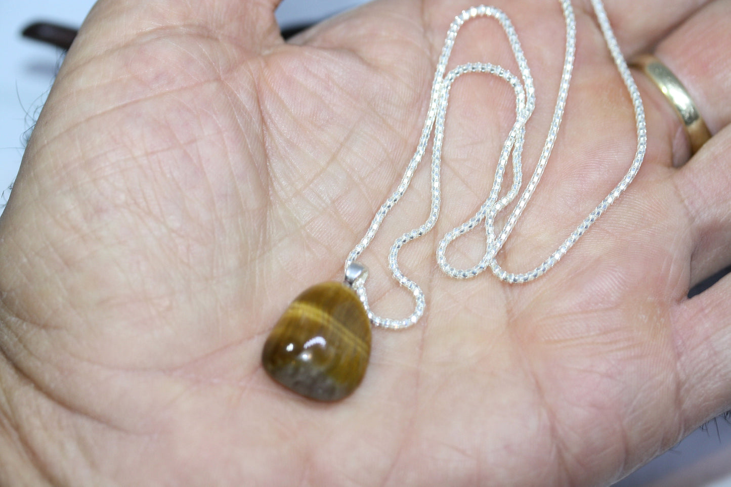 Fab Modernist Statement Honey Brown Tiger's Eye Pendant Sterling Silver Women's Ladies Necklace 16" Chain 2 MM