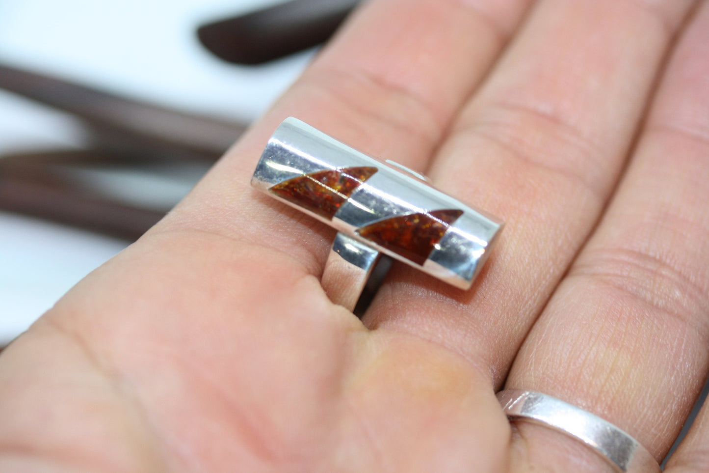 New Genuine Sterling Silver Honey Brown Amber Elongated Women's Ring Sz 8 With Tag