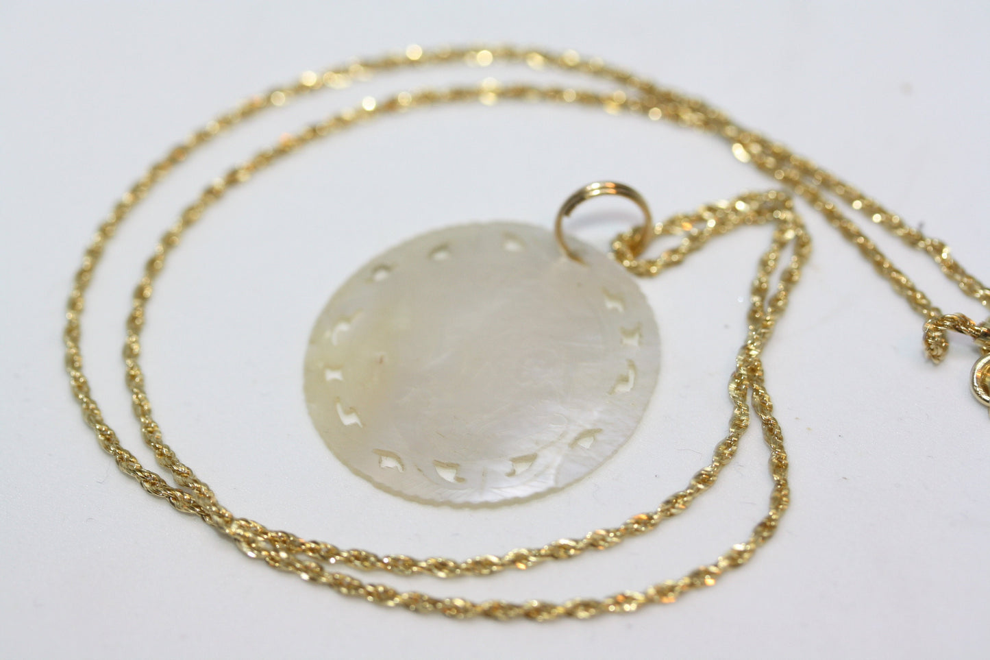 Antique Chinese Engraved Mother of Pearl MOP Token Counter Story Pendant Real Solid 10K Yellow Gold Women's Necklace 18"