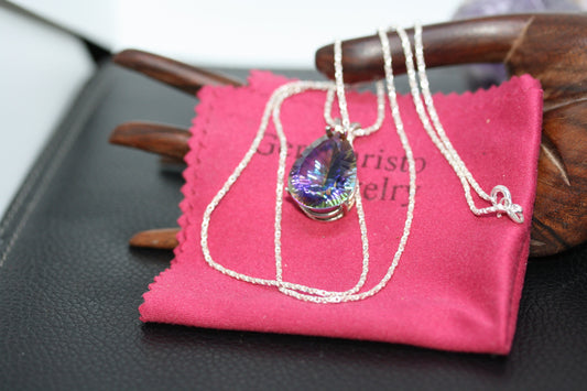 Handmade Sterling Silver 11.5 CT Mystic Topaz Pear Teardrop Raindrop Pendant Women's Ladies Necklace 24" Popcorn Chain