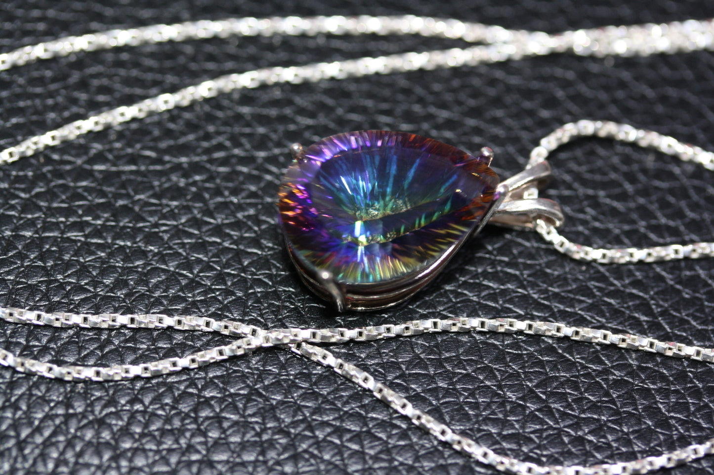 Handmade Sterling Silver 11.5 CT Mystic Topaz Pear Teardrop Raindrop Pendant Women's Ladies Necklace 24" Popcorn Chain