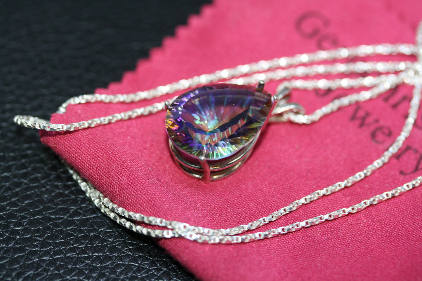 Handmade Sterling Silver 11.5 CT Mystic Topaz Pear Teardrop Raindrop Pendant Women's Ladies Necklace 24" Popcorn Chain