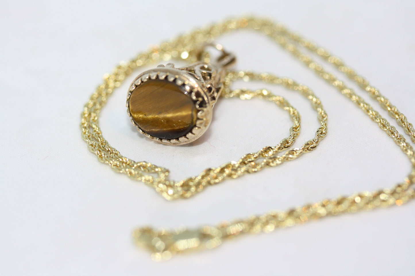 Antique Victorian Tiger's Eye Seal Signet 9K Solid Yellow Gold Pendant & 10K Rope Chain Women's Necklace 18"