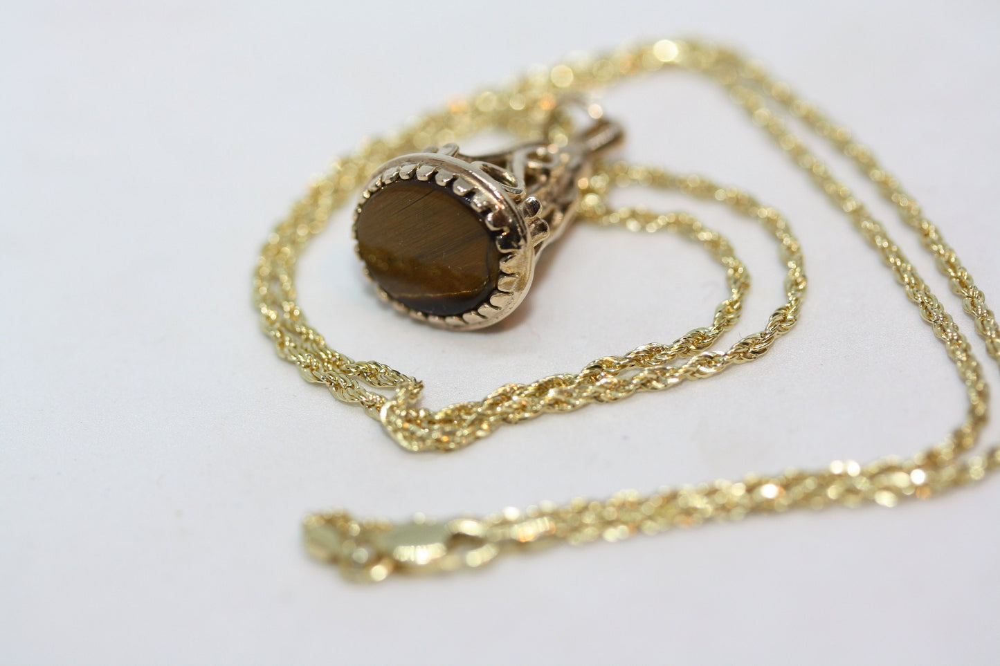 Antique Victorian Tiger's Eye Seal Signet 9K Solid Yellow Gold Pendant & 10K Rope Chain Women's Necklace 18"