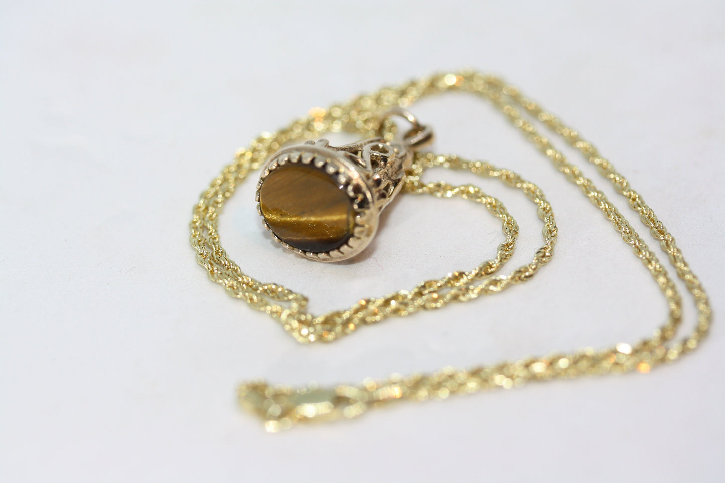 Antique Victorian Tiger's Eye Seal Signet 9K Solid Yellow Gold Pendant & 10K Rope Chain Women's Necklace 18"