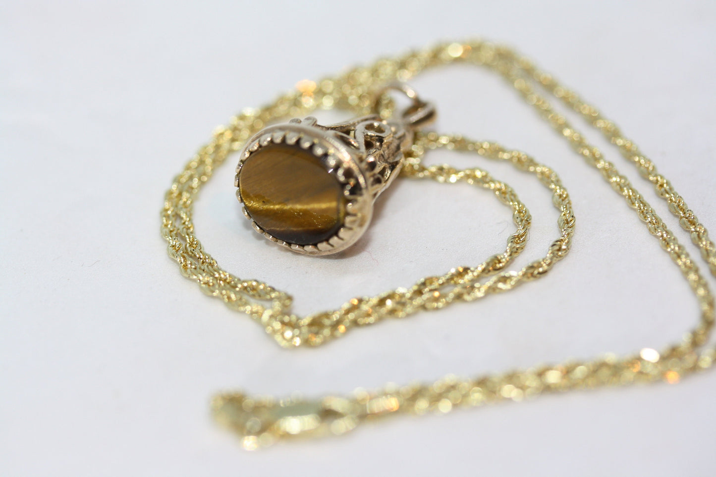 Antique Victorian Tiger's Eye Seal Signet 9K Solid Yellow Gold Pendant & 10K Rope Chain Women's Necklace 18"