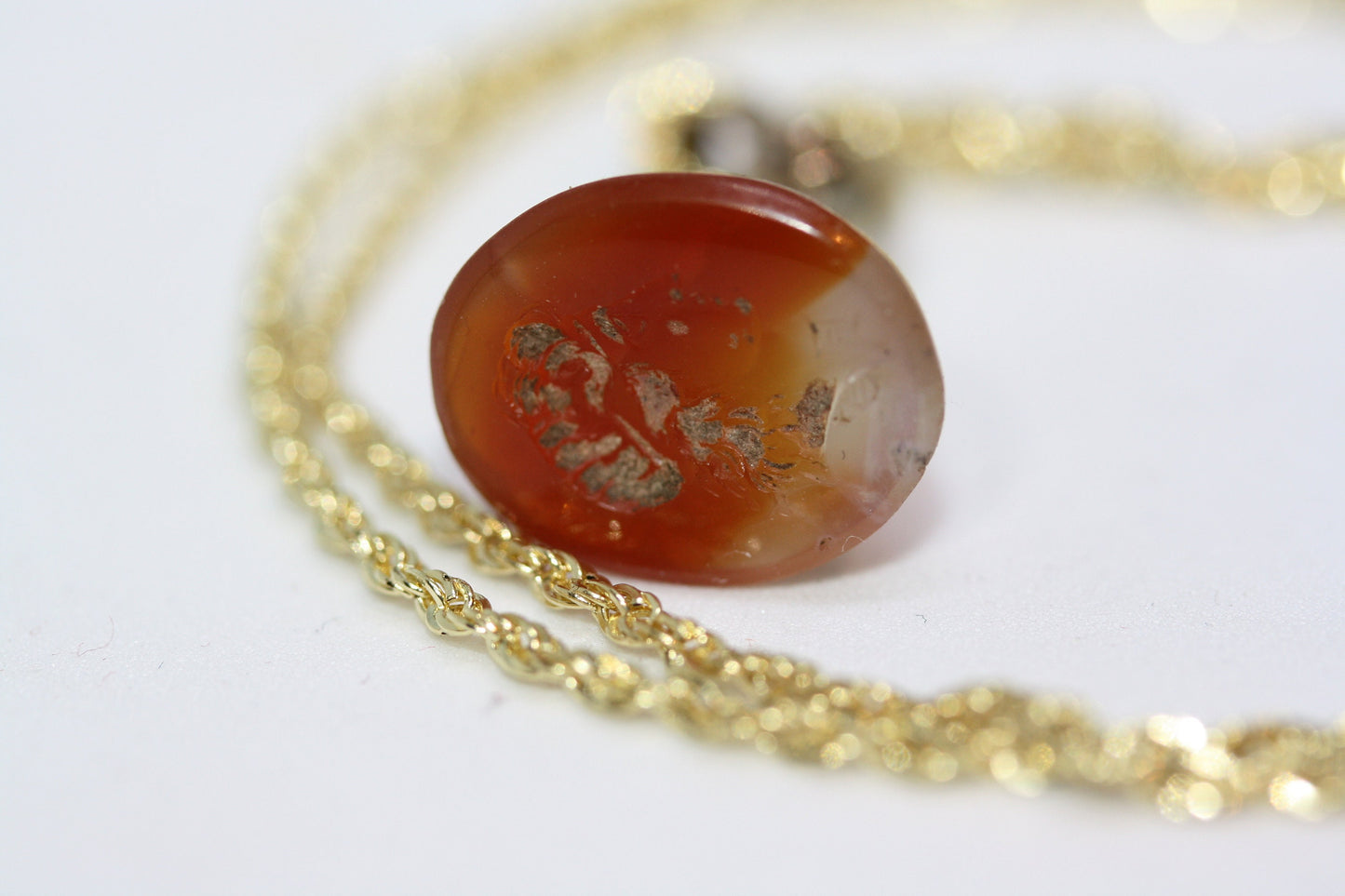 Museum Quality 55BC Roman Emperor Intaglio Carved Agate Seal 10K Solid Yellow Gold Chain Women's Necklace 18"