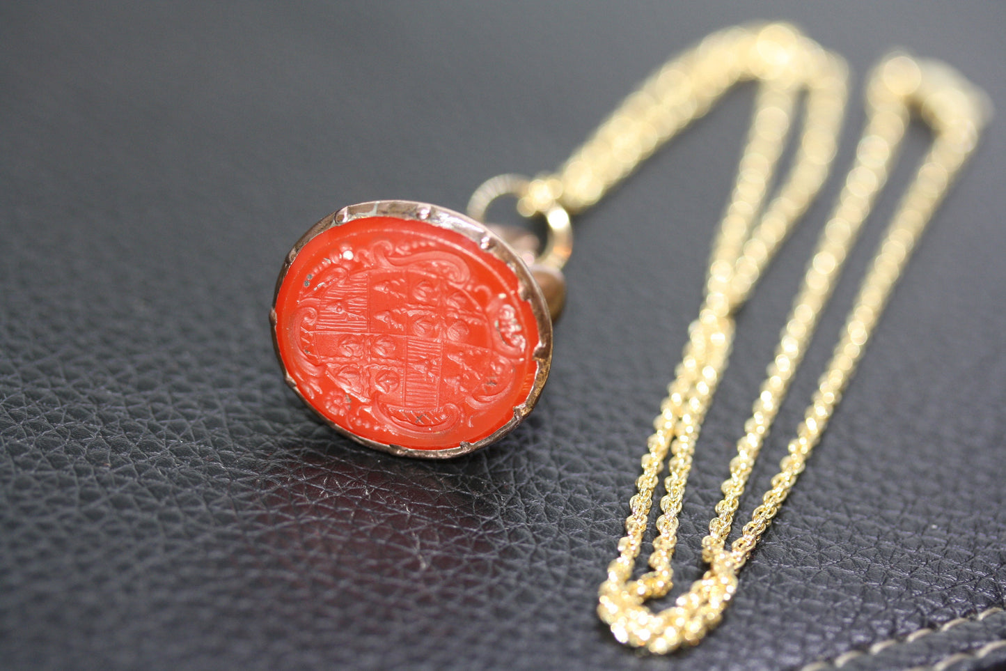 Antique Victorian Agate Carnelian Museum Family Crest Shield Intaglio Insignia Letter Desk Wax Seal 10K Solid Gold Chain Necklace