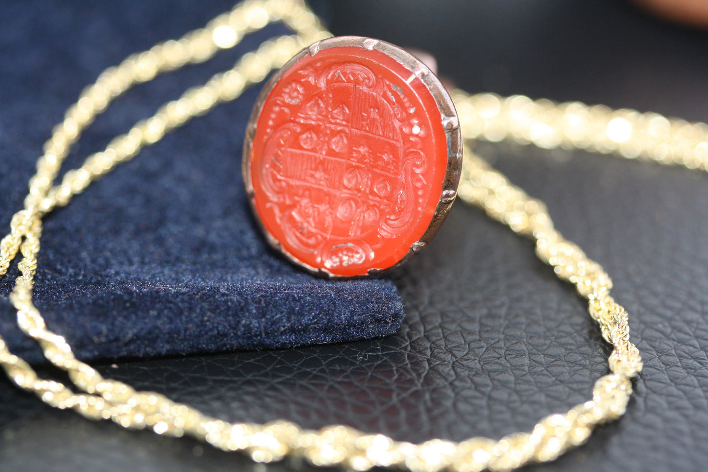 Antique Victorian Agate Carnelian Museum Family Crest Shield Intaglio Insignia Letter Desk Wax Seal 10K Solid Gold Chain Necklace