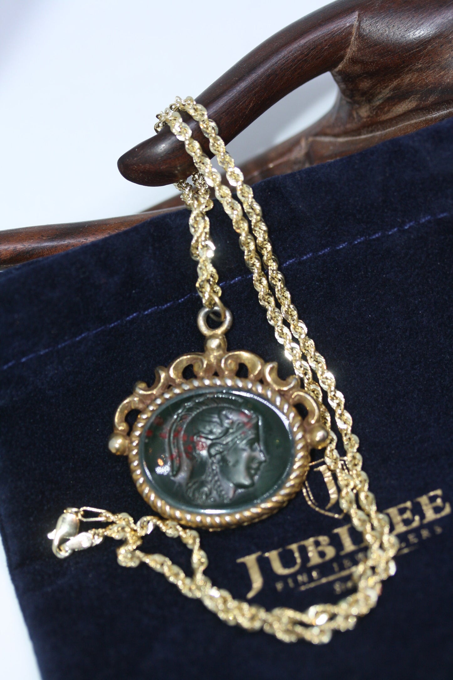 Antique Victorian Roman Soldier Intaglio Bloodstone Signet Gold Filled 1.5" Pendant 10K Solid Gold 3 MM Rope Necklace 18"