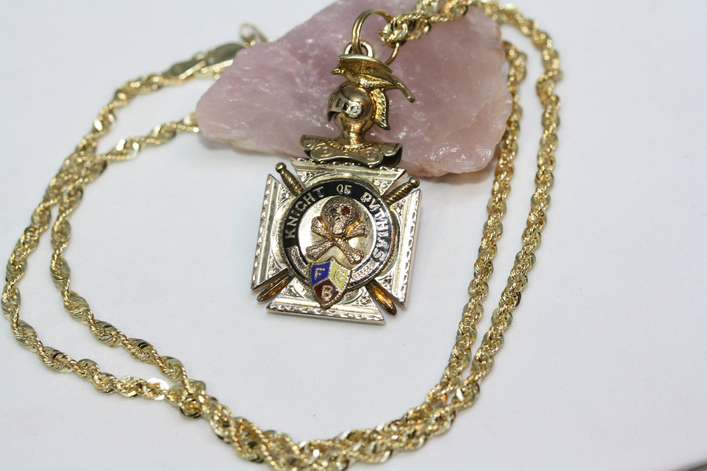 Antique 1890's Fraternal Old Knights Pythias FCB Skull Bones Washington Pendant 3MM Rope 10K Solid Gold 18" Necklace