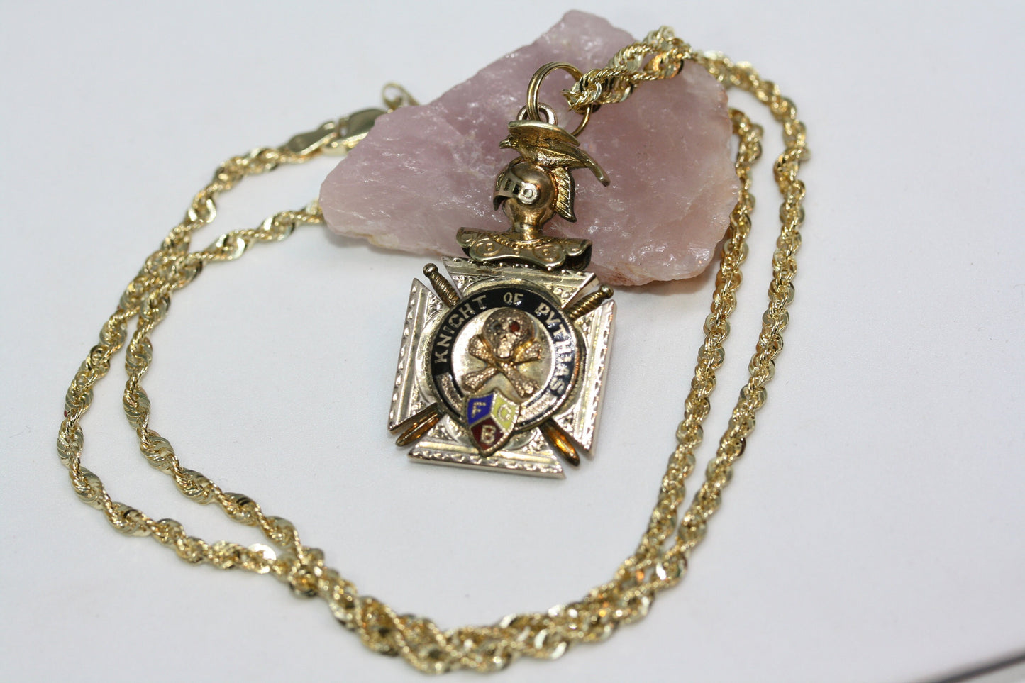 Antique 1890's Fraternal Old Knights Pythias FCB Skull Bones Washington Pendant 3MM Rope 10K Solid Gold 18" Necklace