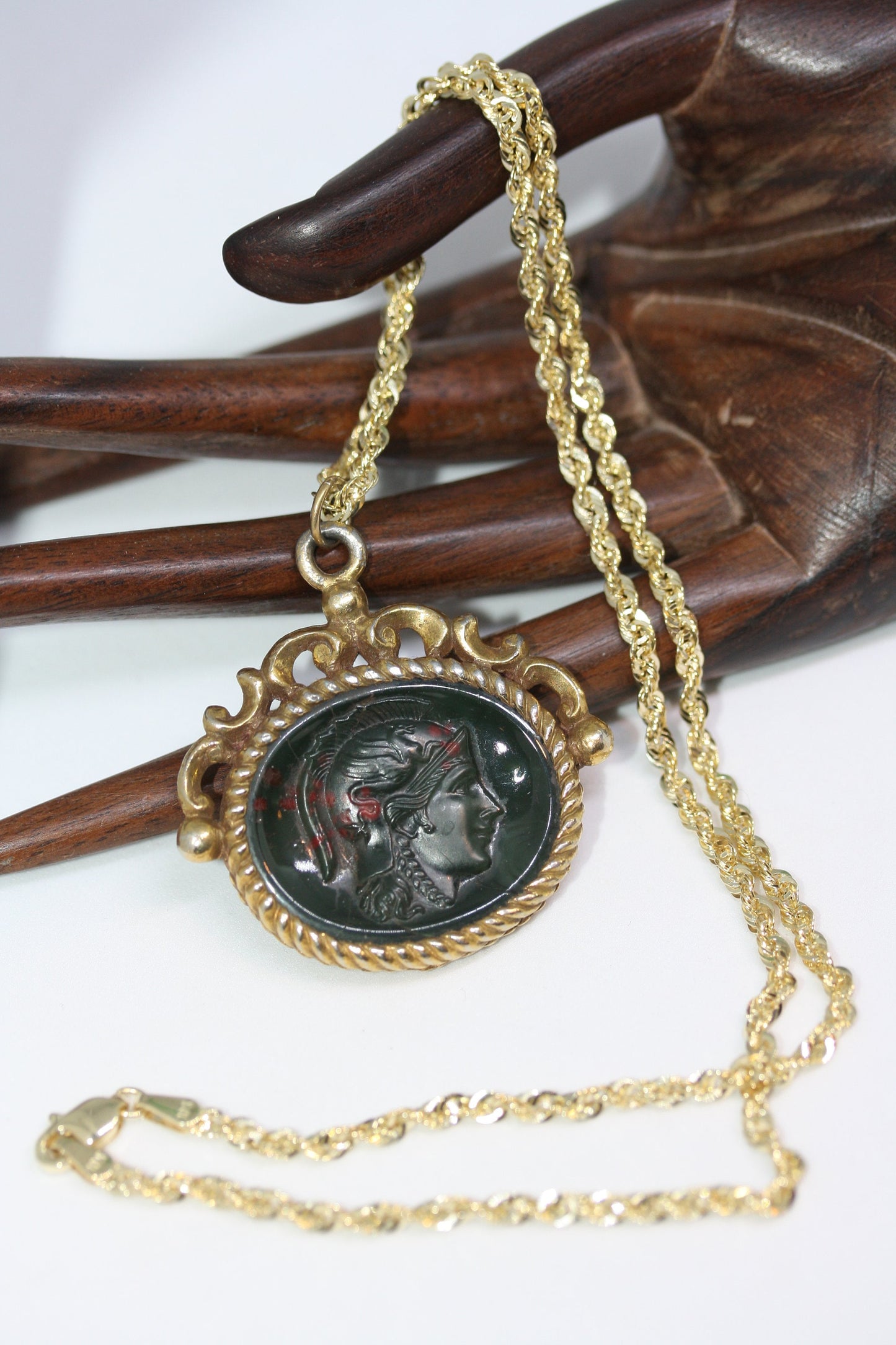 Antique Victorian Roman Soldier Intaglio Bloodstone Signet Gold Filled 1.5" Pendant 10K Solid Gold 3 MM Rope Necklace 18"