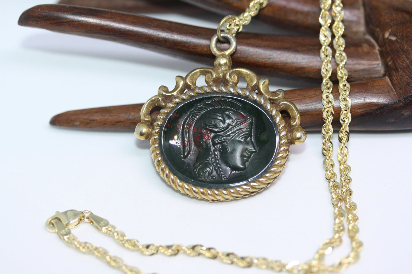 Antique Victorian Roman Soldier Intaglio Bloodstone Signet Gold Filled 1.5" Pendant 10K Solid Gold 3 MM Rope Necklace 18"