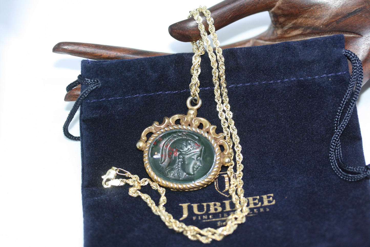 Antique Victorian Roman Soldier Intaglio Bloodstone Signet Gold Filled 1.5" Pendant 10K Solid Gold 3 MM Rope Necklace 18"