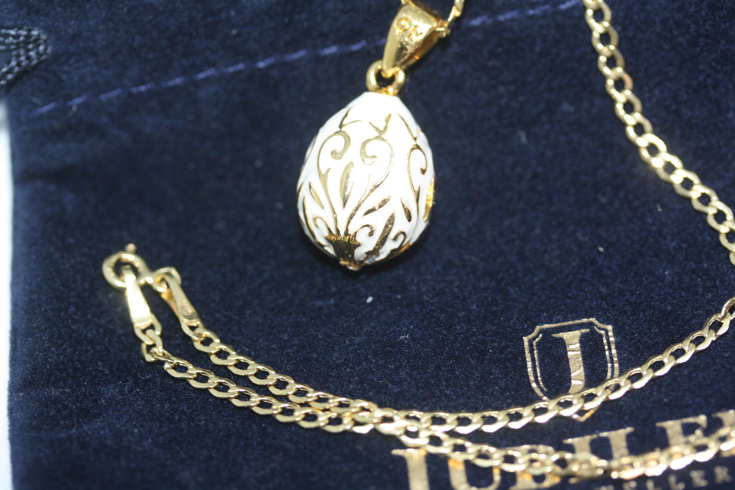 Vintage Enamel Faberge Egg 1" Charm 925 Pendant 10K Gold Cuban Curb Women's Necklace 18"