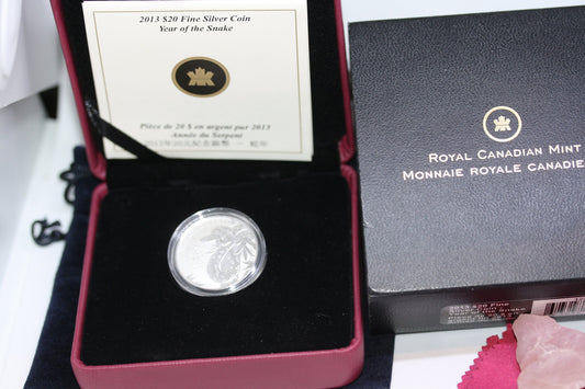 Canada 2013 Pure 99.99% Silver 20 Dollar Coin Chinese Year of Snake COA Proof Red Maroon RCM Box Royal Canadian Mint