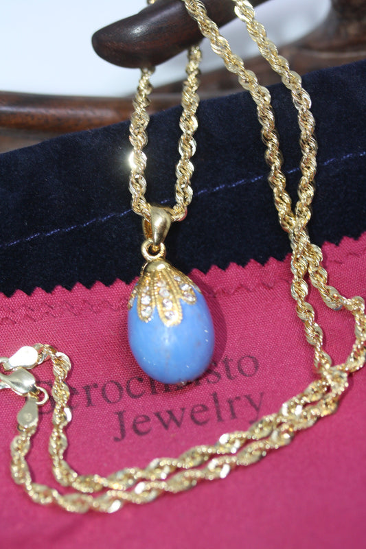 Enamel Faberge Egg 1" 925 Turquoise Pendant 10K Gold 3 MM 18" Women's Necklace