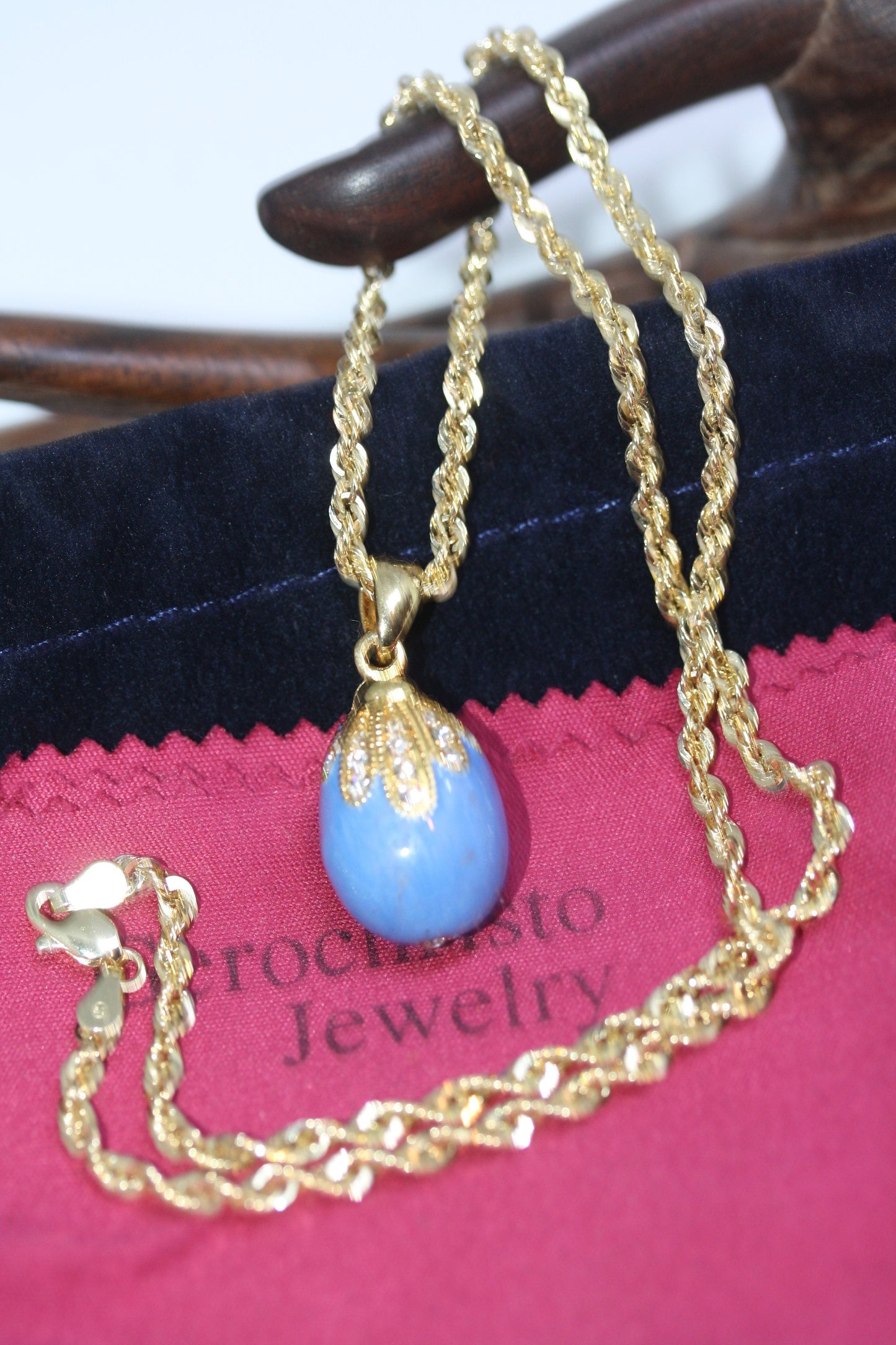 Enamel Faberge Egg 1" 925 Turquoise Pendant 10K Gold 3 MM 18" Women's Necklace