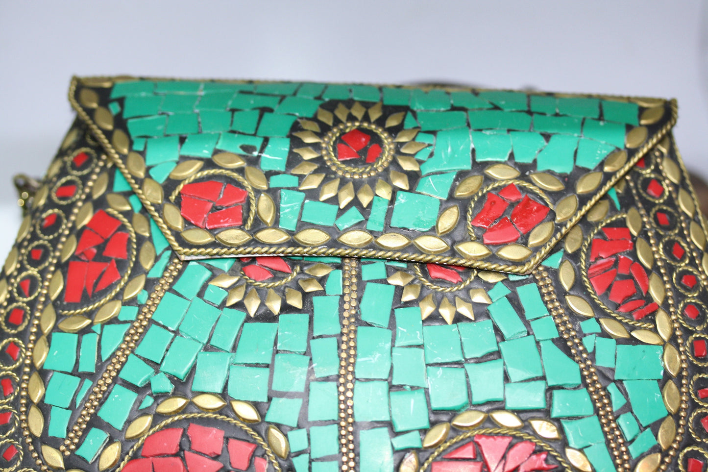 New Mexican Handbag Handmade Mosaic Turquoise Spanish Blue Red Purse Hard Shell