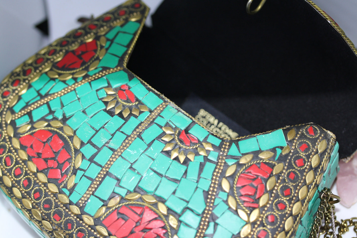 New Mexican Handbag Handmade Mosaic Turquoise Spanish Blue Red Purse Hard Shell