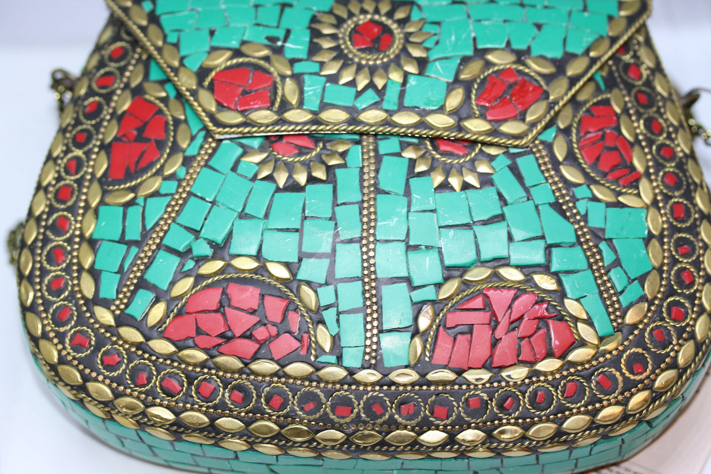 New Mexican Handbag Handmade Mosaic Turquoise Spanish Blue Red Purse Hard Shell