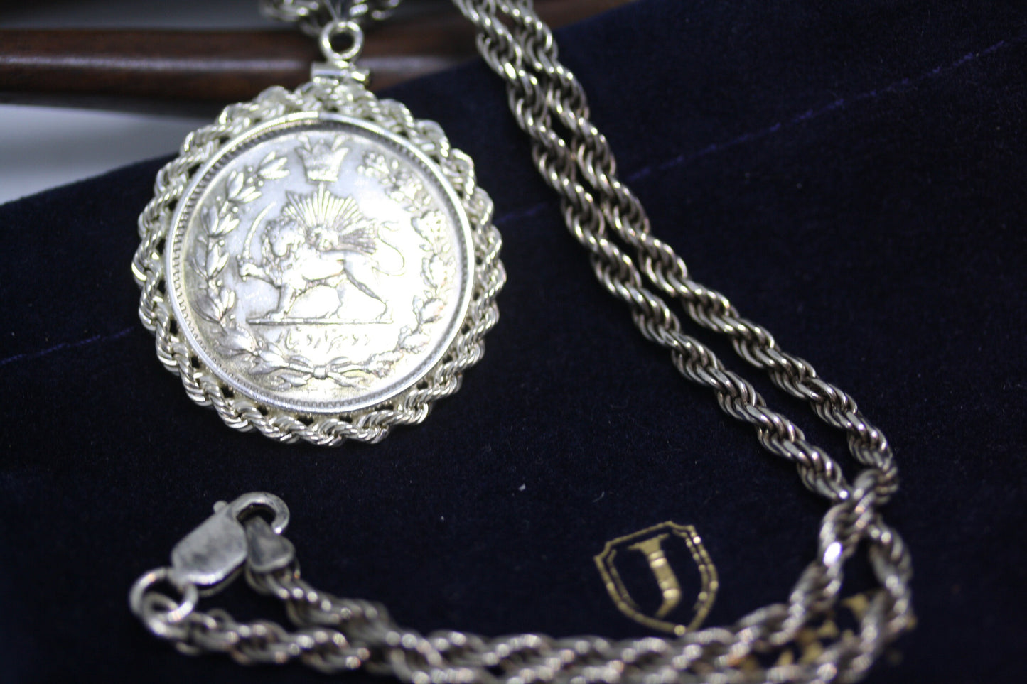 Vintage 1910 Persis Qajar Bezel Lion Sun Coat of Arm Coin 925 Silver Pendant 18" Necklace 4 MM Rope Men's Women's Italy Chain