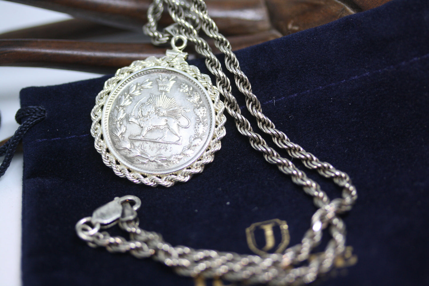 Vintage 1910 Persis Qajar Bezel Lion Sun Coat of Arm Coin 925 Silver Pendant 18" Necklace 4 MM Rope Men's Women's Italy Chain