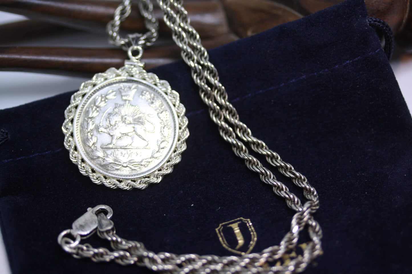 Vintage 1910 Persis Qajar Bezel Lion Sun Coat of Arm Coin 925 Silver Pendant 18" Necklace 4 MM Rope Men's Women's Italy Chain