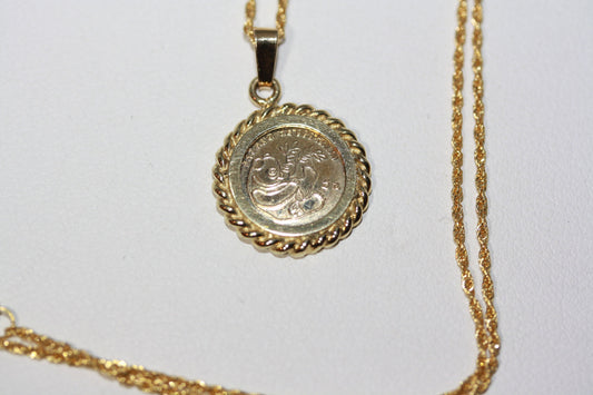 14K Panda Gold 1/20 Copy Coin 14K Rope Bezel Pendant Solid 18K Gold 1 MM 18" Women's Necklace