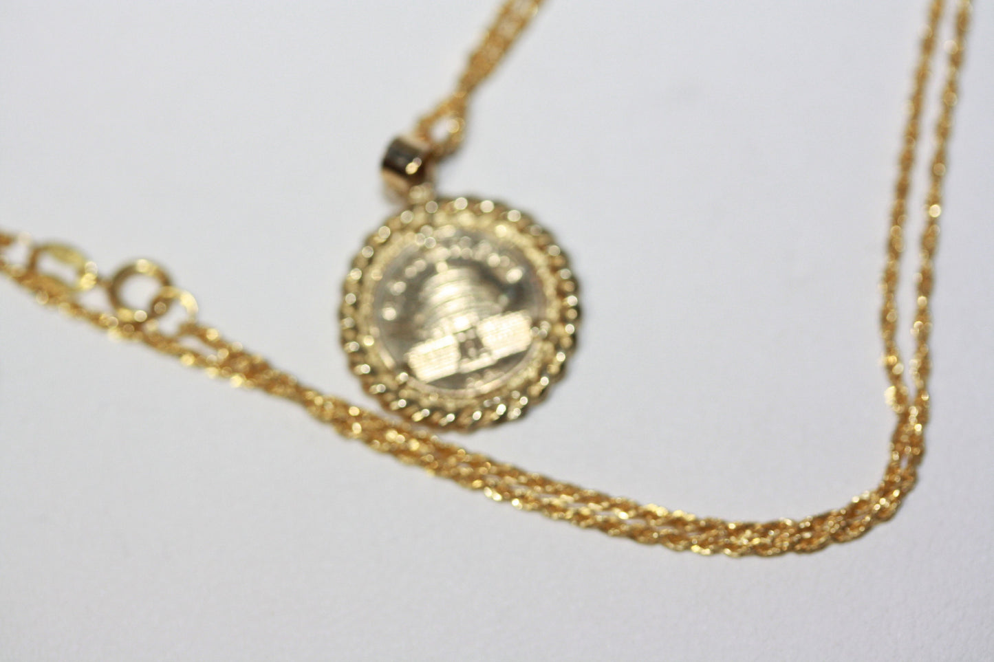 14K Panda Gold 1/20 Copy Coin 14K Rope Bezel Pendant Solid 18K Gold 1 MM 18" Women's Necklace