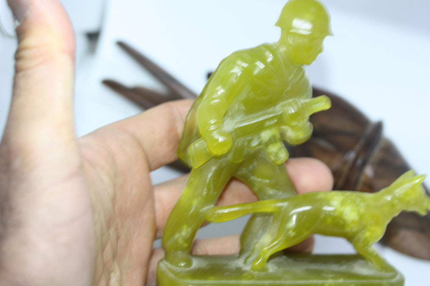 Antique Hand Chiseled Jade 3D GI Soldier & Dog Display Decor Sculpture Statue 6"