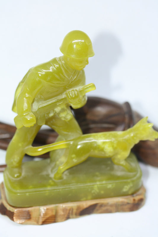 Antique Hand Chiseled Jade 3D GI Soldier & Dog Display Decor Sculpture Statue 6"