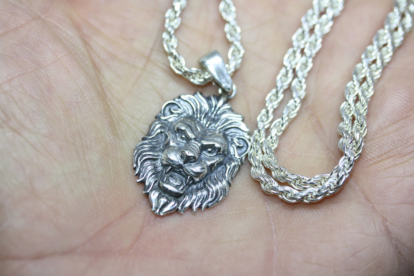 New Handmade Real 925 Sterling Silver 1" Lion Pendant 20" Rope Chain 3 MM Men's Necklace