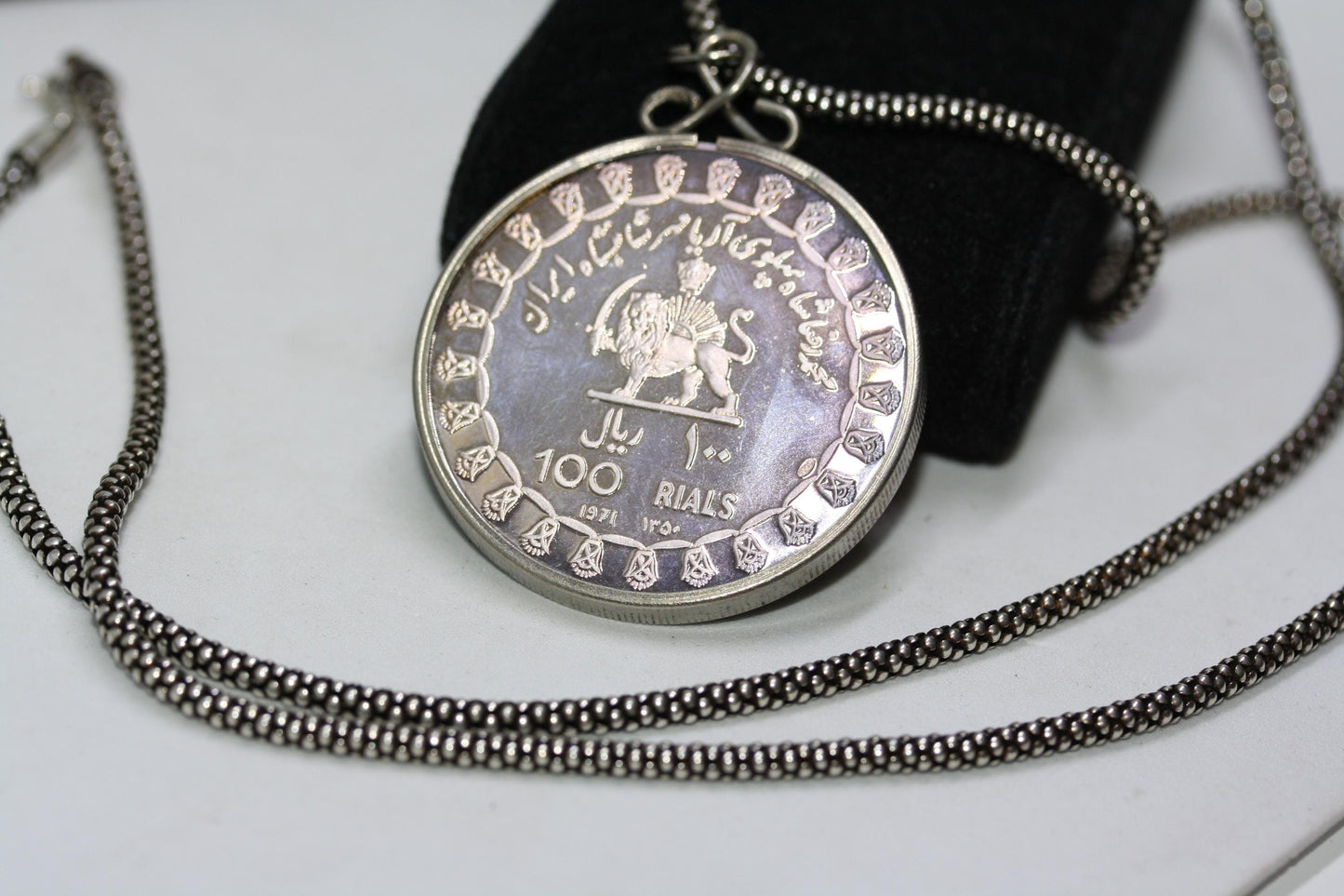 Vintage Persis Persepolis Bezel Coin 925 Silver Pendant 26" Necklace 3 MM Rope