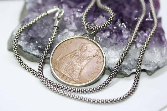 1967 Elizabeth II 1967 One Penny Coin Pendant 925 Silver 22" Necklace 3 MM Cable