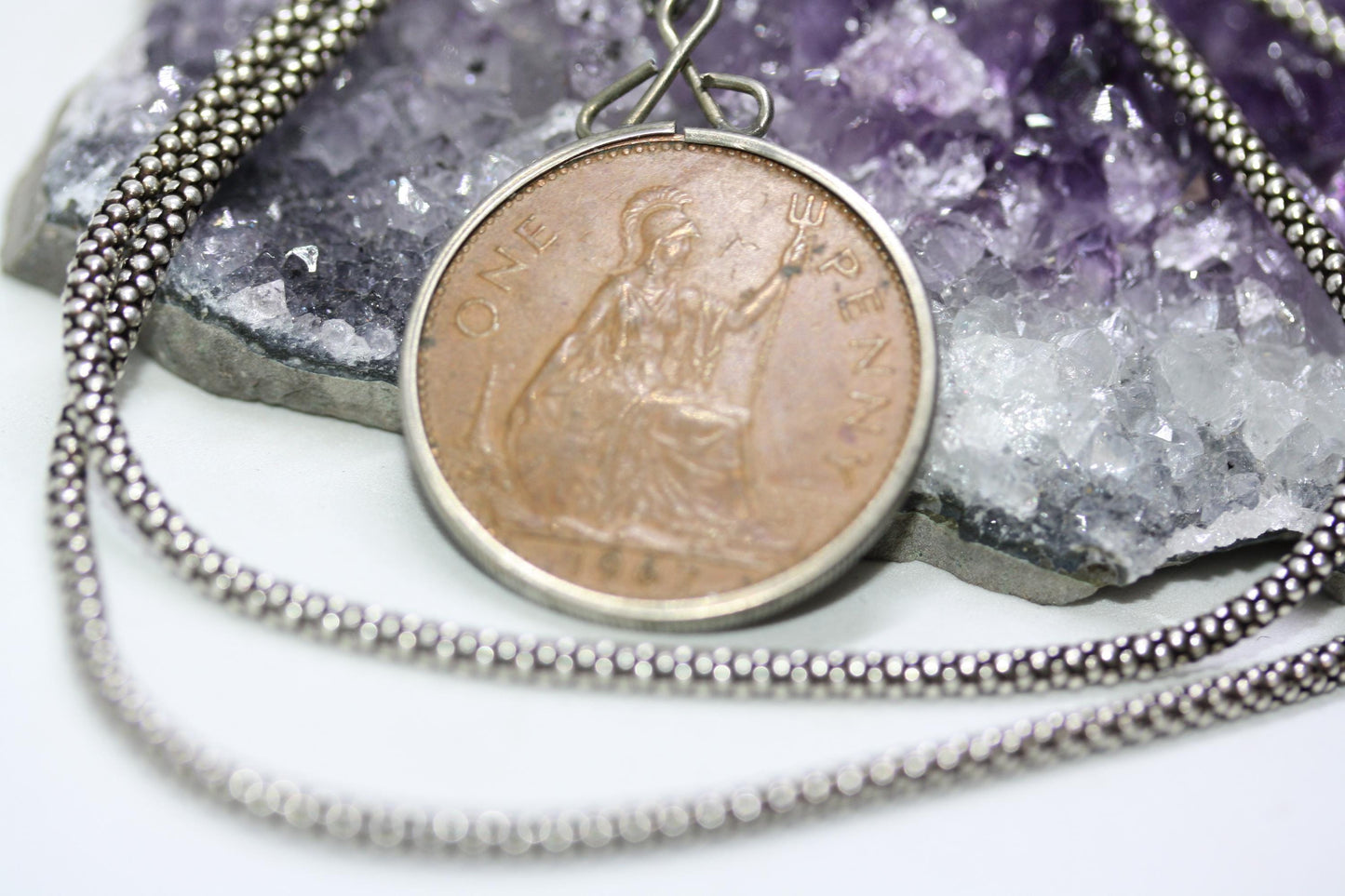 1967 Elizabeth II 1967 One Penny Coin Pendant 925 Silver 22" Necklace 3 MM Cable