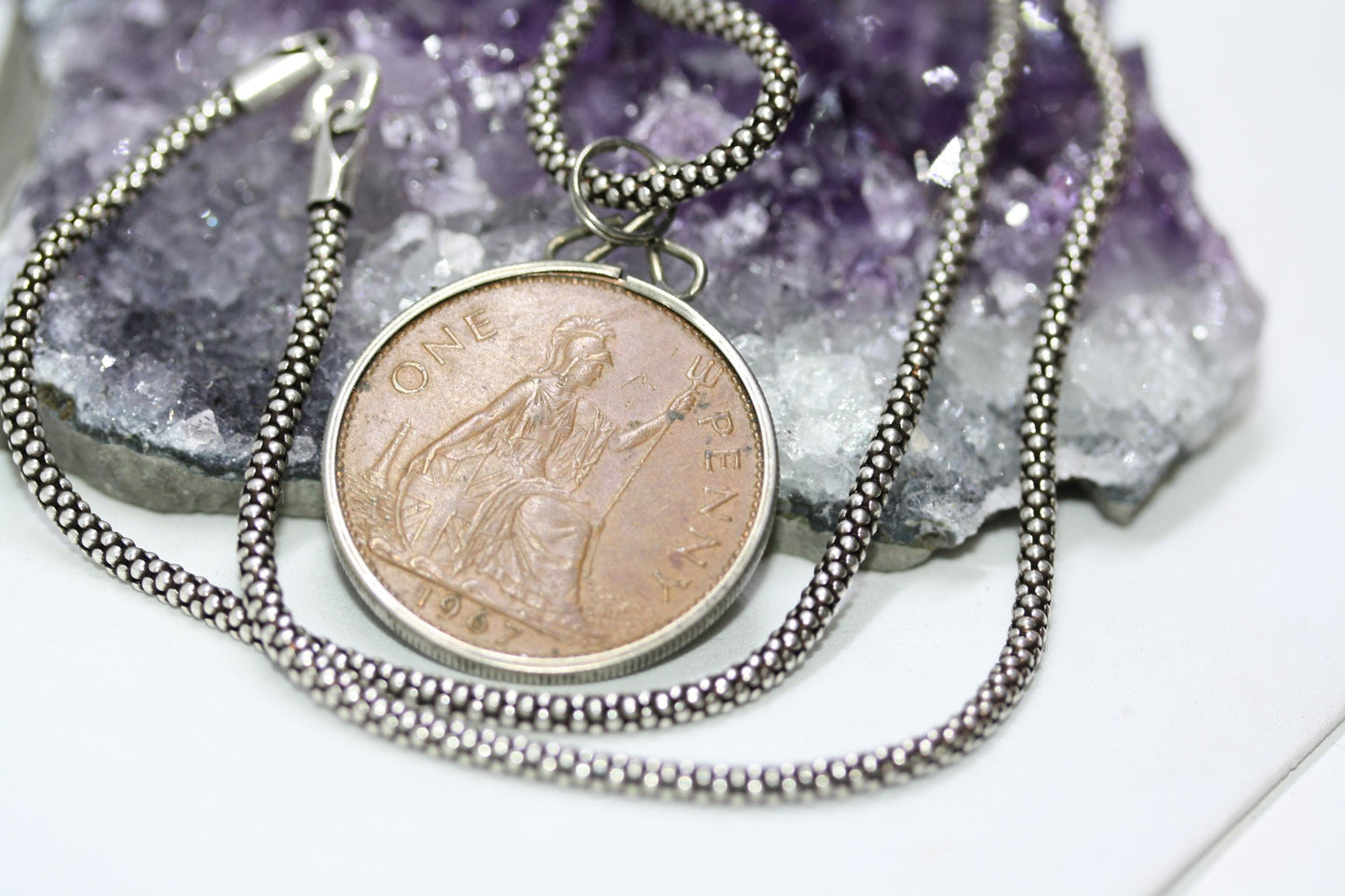 1967 Elizabeth II 1967 One Penny Coin Pendant 925 Silver 22" Necklace 3 MM Cable